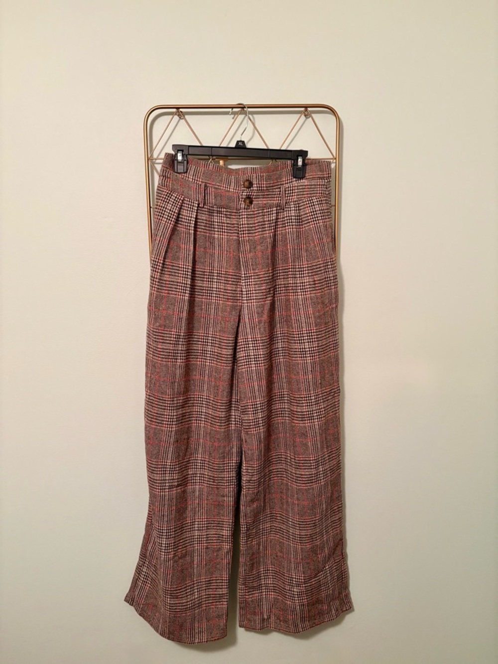 Commense Belted Plaid High-Waisted Pants NWT Brown L - Picture 2 of 5